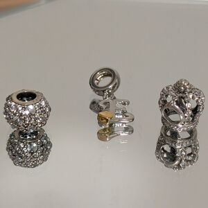 Authentic PANDORA Sterling Silver Charm Bundle - Crown & Pavé + Bonus Initial E